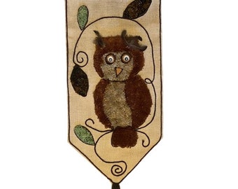 Wall Hanging Owl Hand Crafted Vintage 1970s Fabric Yarn Googly Eyes Handmade Gallery Wall Ready to Hang