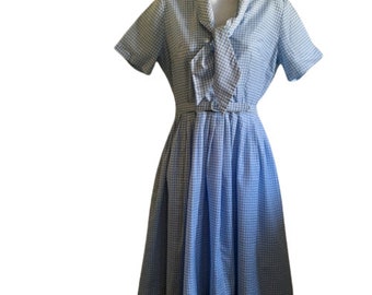 Jurk Cay Artley Vintage jaren 60 blauw witte overhemdjurk met gingham-ruit, strikkraag, ronde hals met ceintuur, halverwege de eeuw