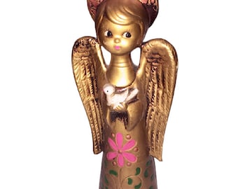 Holt Howard Angel Vintage 1960s Paper Mache Gold Christmas Angel Holding A Dove Mid-Century