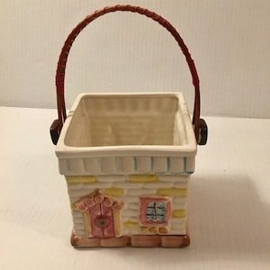 Biscuit Jar Rattan Handle Mid Century Vintage Raised Cottage House