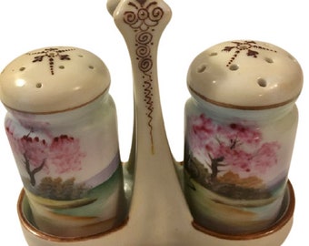 Noritake Salt Pepper in Caddy Morimura Pre 1940 Hand Painted China Cherry Blossom Lake Scene