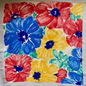 Vera Neumann Bold Floral Print Silk Scarf Primary Colors Large Square Vintage 1970s