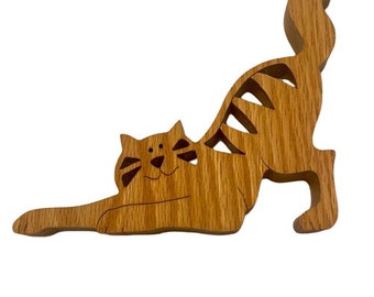 Cat Figurine Wooden Cut Out Details Kitty Stretching Handmade