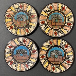 Ceramic Coasters Peruvian Folk Art Clay Hand Painted Llamas Set of Four Handmade