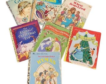 May include: A collection of eight vintage Little Golden Books with colorful covers featuring illustrations of religious and holiday themes. The titles include "My Little Golden Book About God", "The Night Before Christmas", "Where Jesus Lived", "The Animals' Christmas Eve", "The Twelve Days of Christmas", "The Nutcracker", and "The Little Golden Book of Hymns".