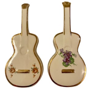 Moyer Ceramic Guitar Wall Pockets or Free Standing Planters Set of Two Mid Century Vintage 50s 60s Flowers Gold Trim Hand Painted