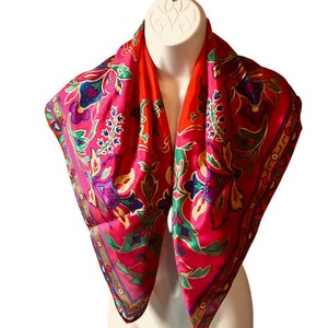 Scarf Liz Claiborne Silk Vintage 80s Vivid Color Metallic Gold Jewel Tones Square Hand Rolled Hems