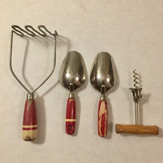 Kitchen Tools Red Wooden Handles Use or Decor Four Vintage
