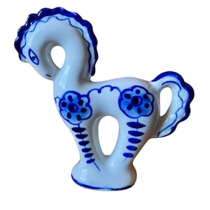 Porcelain Horse Figurine Gzhel Hand Painted USSR Blue White Decor Vintage 1980s