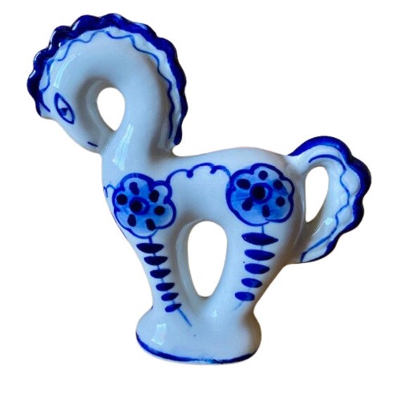 Porcelain Horse Figurine Gzhel Hand Painted USSR Blue White Decor Vintage 1980s