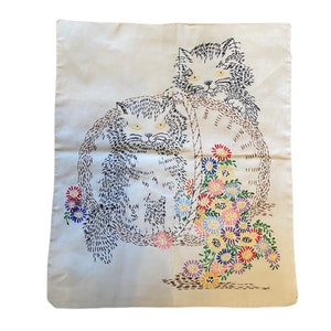 Hand Embroidered Pillow Cover Two Cats Flowers on Linen Vintage 1950s Throw Pillow