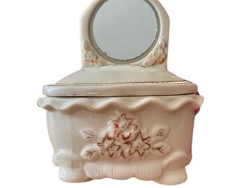 White Porcelain Vanity Trinket Dish Pink Roses Gold Trim Mirror Mid Century Vintage