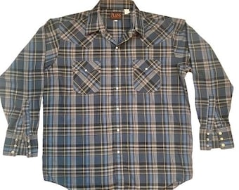 Plains Western Shirt Plaid Long Sleeve Pearl Snaps Size Large