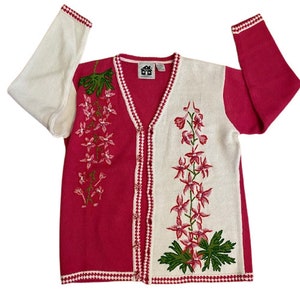 Cardigan Sweater Storybook Knits Floral Pink White Embellished Embroidery Sequins Beads Large