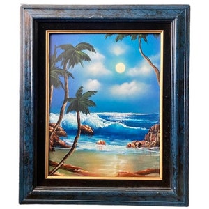 Decoración de bar Tiki con escena tropical de arte original y palmeras a la luz de la luna