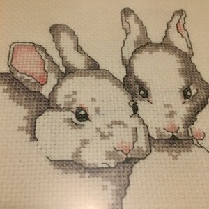 Framed Cross Stitch Four Bunnies and a Butterfly Double Matted Under ...