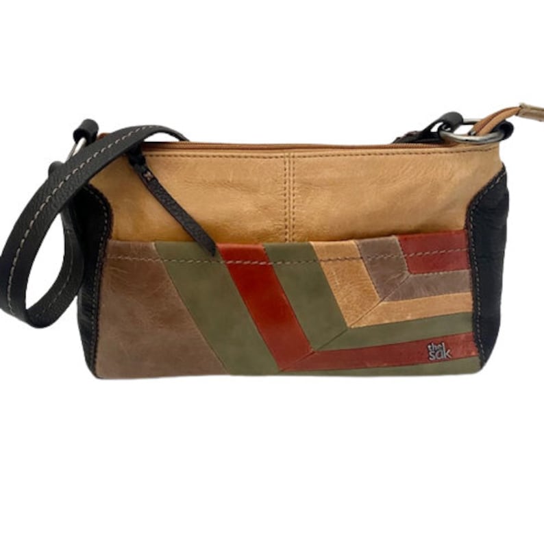 The Sak Leather Shoulder Bag Patchwork Neutral Colors Vintage 90s image 1