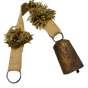 Brass Cowbell on Hand Knitted Strap to Hang Boho Decor Vintage Rustic Farmhouse