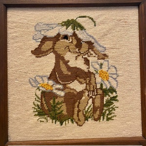 Framed Needlepoint Bunny Rabbit with Daisies Vintage 1970s Gallery Wall Kids Room Baby Gift