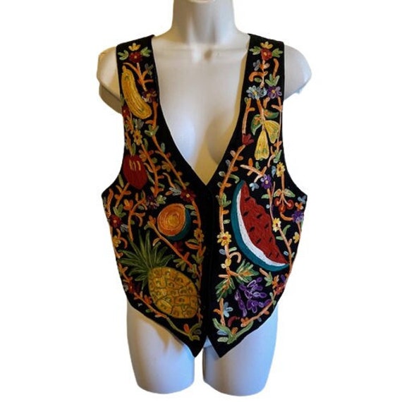 Hype Embroidered Vest Vintage 1990s Black Rayon C… - image 1