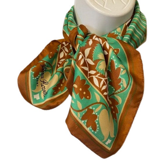 Olivia Rosselli Vintage Scarf Mid Century Green Brown Tan Floral