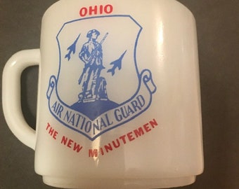 Milk Glass Mug Air National Guard The New Minutemen Ohio Logo Vintage Federal Glass