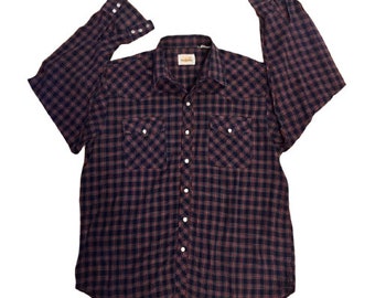 Camicia western Wingars a quadri blu navy rossa vintage anni '80 con bottoni automatici in perla XL