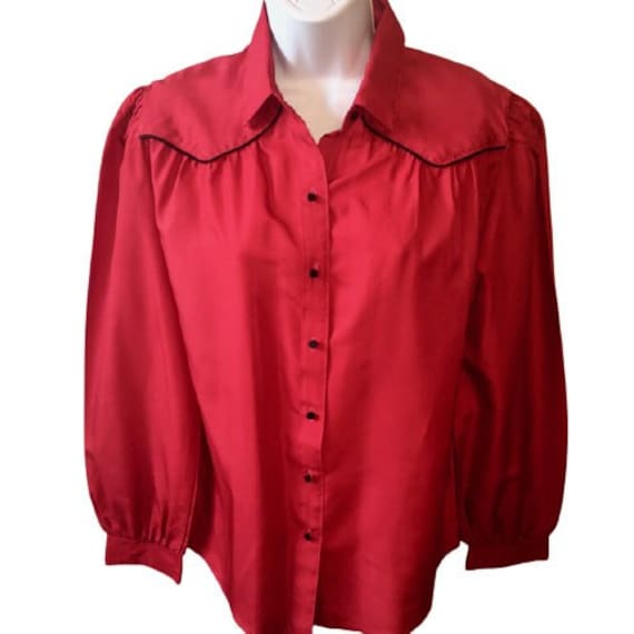 Panhandle Slim Blouse Vintage 70s 80s Red Black Piping Western Cowgirl 12