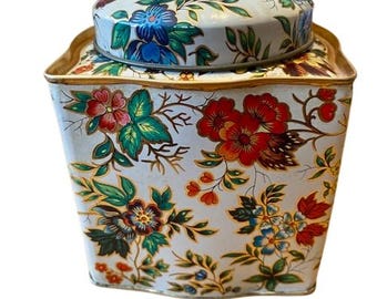 Daher フローラルティー缶 ゴールドに花柄 イギリス製 波型側面 丸蓋