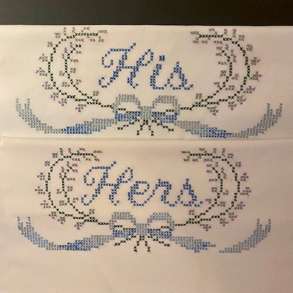 Pillowcases Set of Two His and Hers Cross Stitched Wedding Gift Bridal Shower Handmade Standard Pillowcases