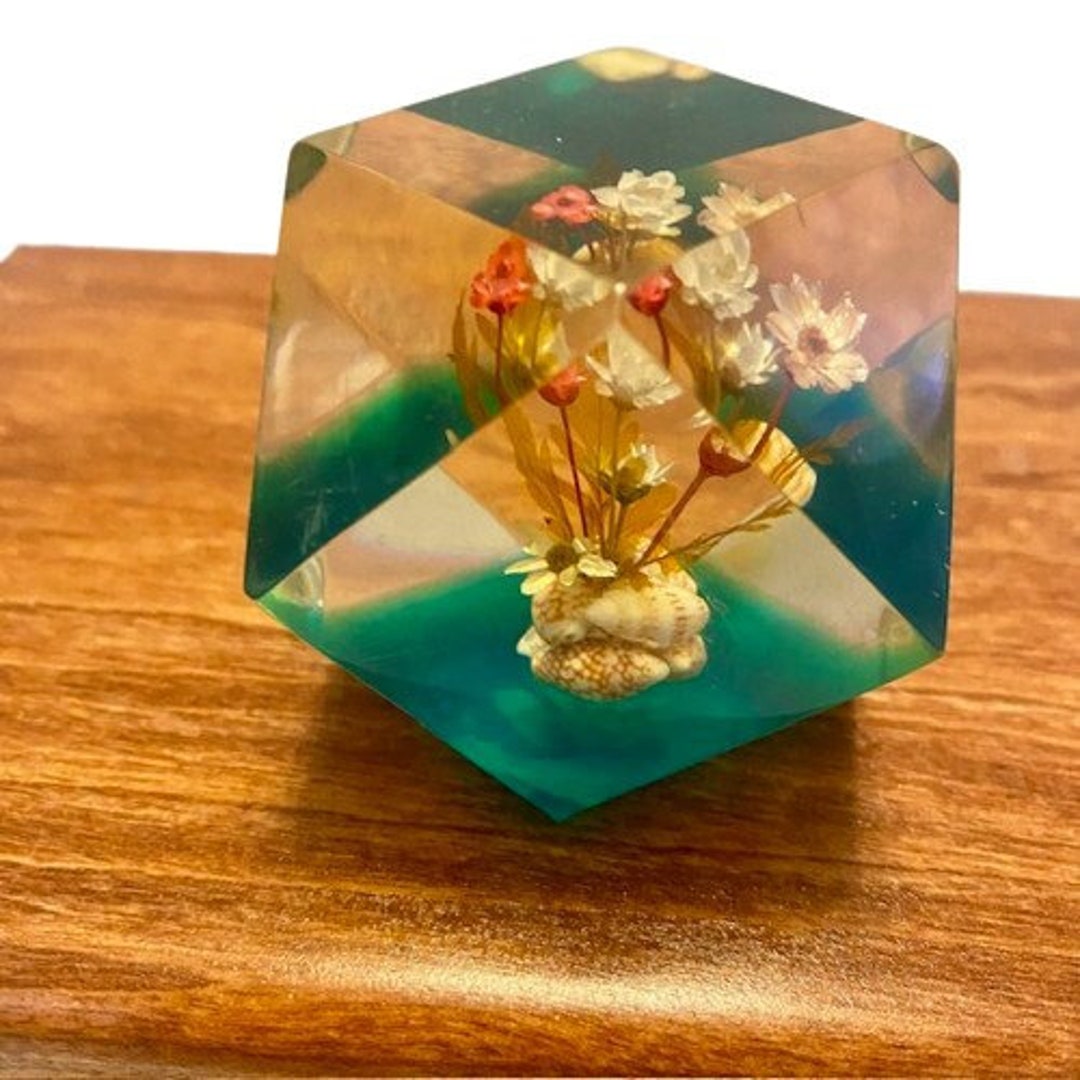 Lucite Cube Paperweight Dried Flowers and Shells Geometric Vintage ...