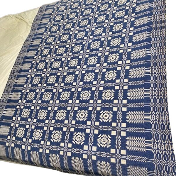 Homespun Throw Blanket Blue Tan Snowflakes Pine Trees Pattern Very Vintage Jacquard Farmhouse Country Cottage Decor