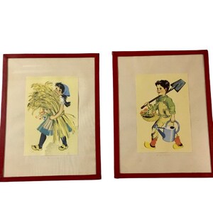 Prints Set of Two Vintage Children Gardening 1950s