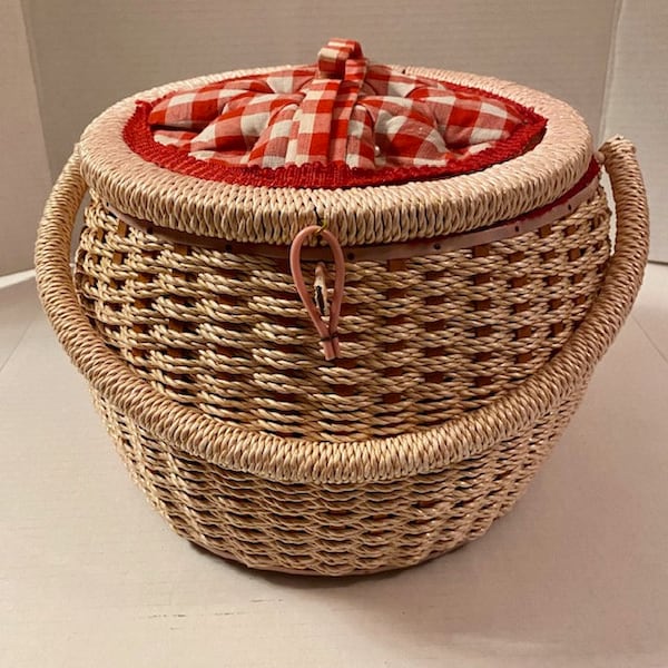 Wicker Vintage 60s Sewing Basket Handle Pink Red White Gingham Footed Round Decorative Storage
