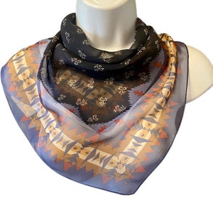 Lauren Ralph Lauren Silk Scarf Semi Sheer Tribal Western Southwestern Print Navy Rust Tan Vintage 80s