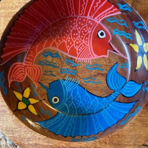 Hand Painted Wooden Bowl Mexican Folk Art Sayulita Colorful Tropical Fish