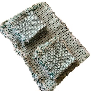 Woven Placemats and Napkins Set of Eight Green White Fringed Vintage 1980s