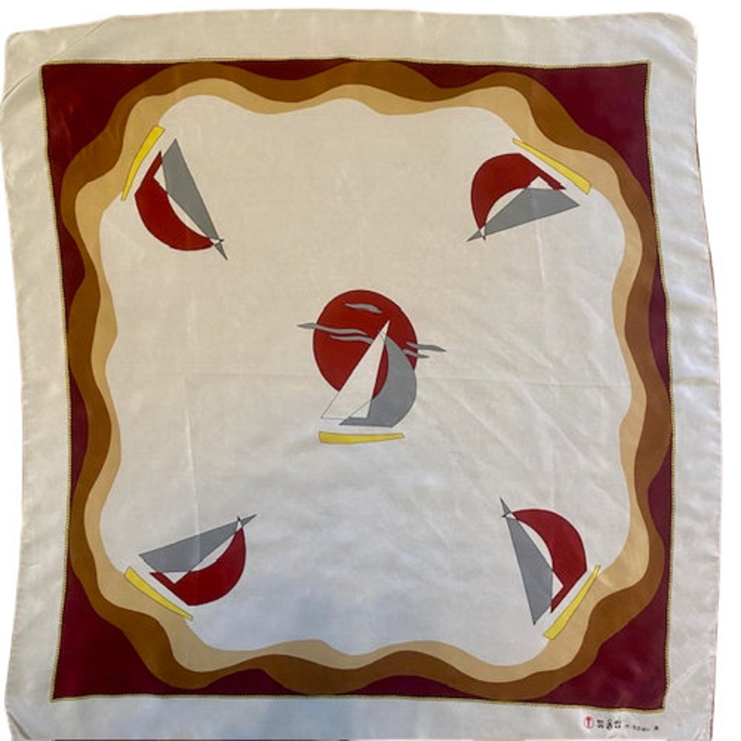 Silk Scarf Sailboat Nautical Print Hand Rolled Hems Neutral Colors ...