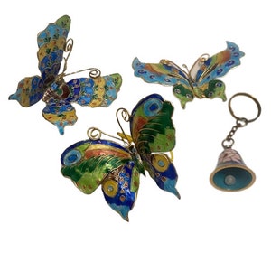 Cloisonne Pieces Lot of Four Three Butterflies One Bell Keychain Vintage 80s Enamel on Brass