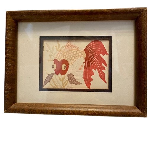 Koi Fish Embossed Hand Painted Print Framed Under Glass Double Mat Gallery Wall