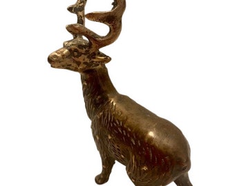 Solid Brass Deer Figurine Antlers Textured Vintage Buck