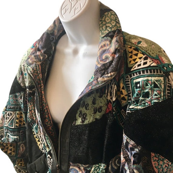Leather Mixed Print Fabric Winlit Jacket  Vintage… - image 1