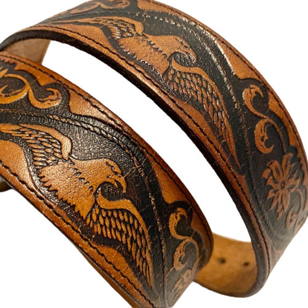 Tooled Leather Belt Eagles Floral Brass Horseshoe Buckle  display picture 1
