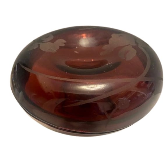 Art Glass Trinket Dish with Lid Purple Studio Glass Etched Floral Ring Dish