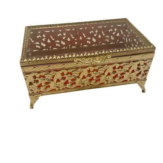 1960s Vintage Ormolu Gold Filigree Jewelry Box