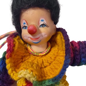Decorative Clown Doll Crochet Body Vintage 1970s Handmade Bright Rainbow Colors