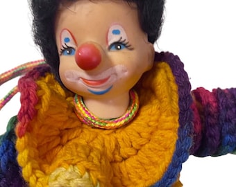 Decorative Clown Doll Crochet Body Vintage 1970s Handmade Bright Rainbow Colors