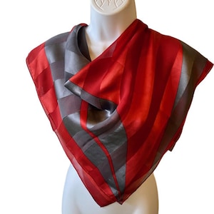 Silk Scarf Jun Ashida Vintage 90s Large Square Red Gray Abstract Stripe Hand Rolled Hems