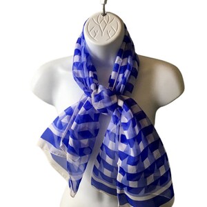 Scarf Vintage 70s Blue White Geometric Semi Sheer Oblong Made in Japan
