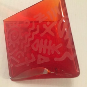 Art Glass Votive Vase Triangular Etched Petroglyphs Red Signed by Artist